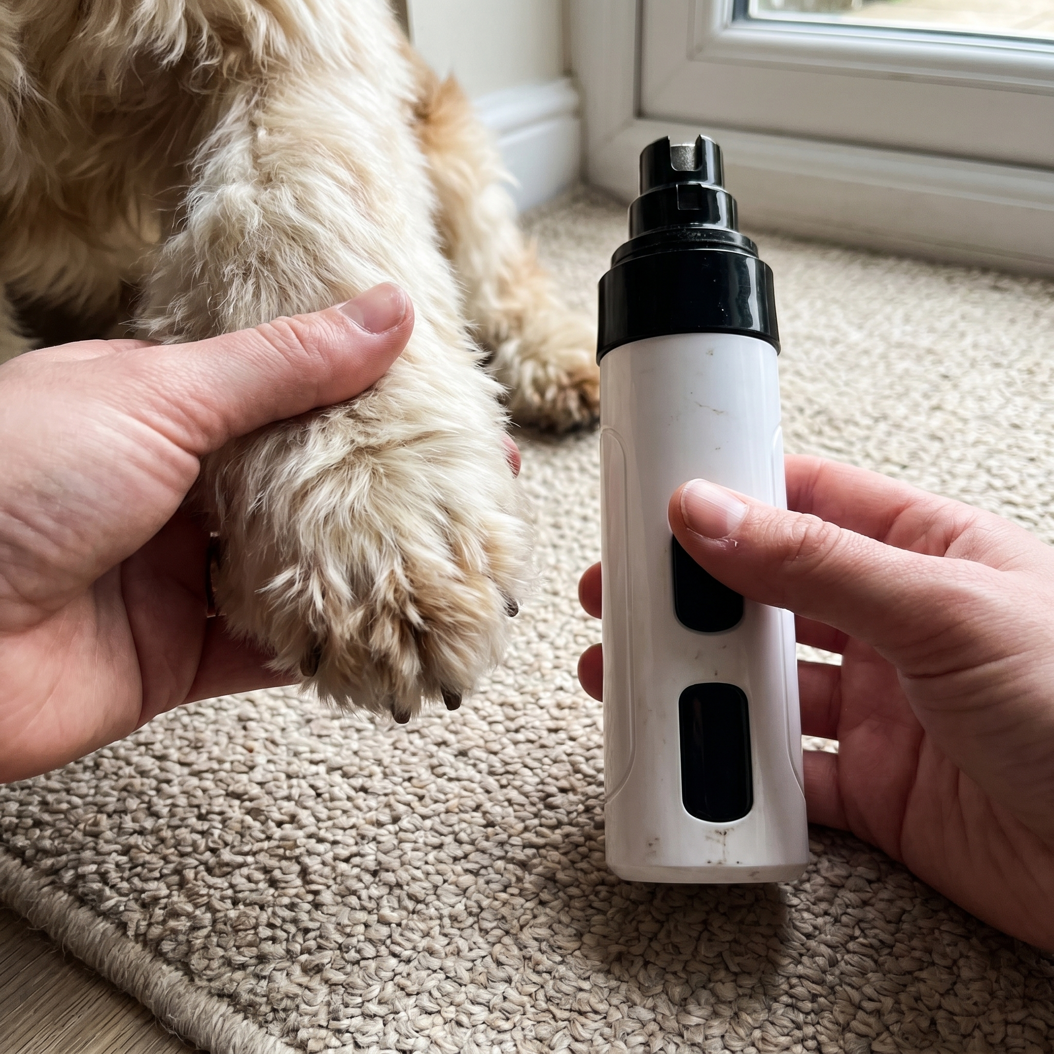 Holding the grinder gently to a dog's paw