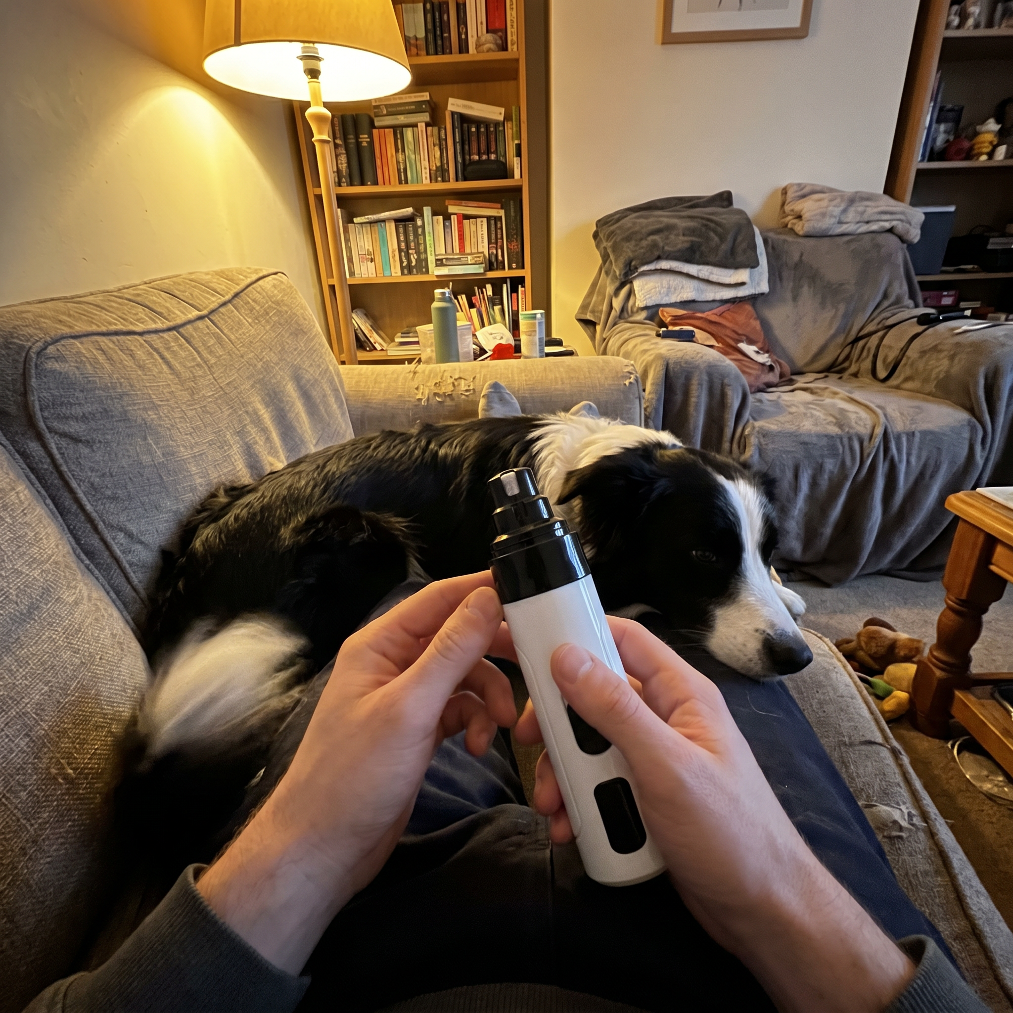 Owner using the Scout nail grinder on a calm border collie