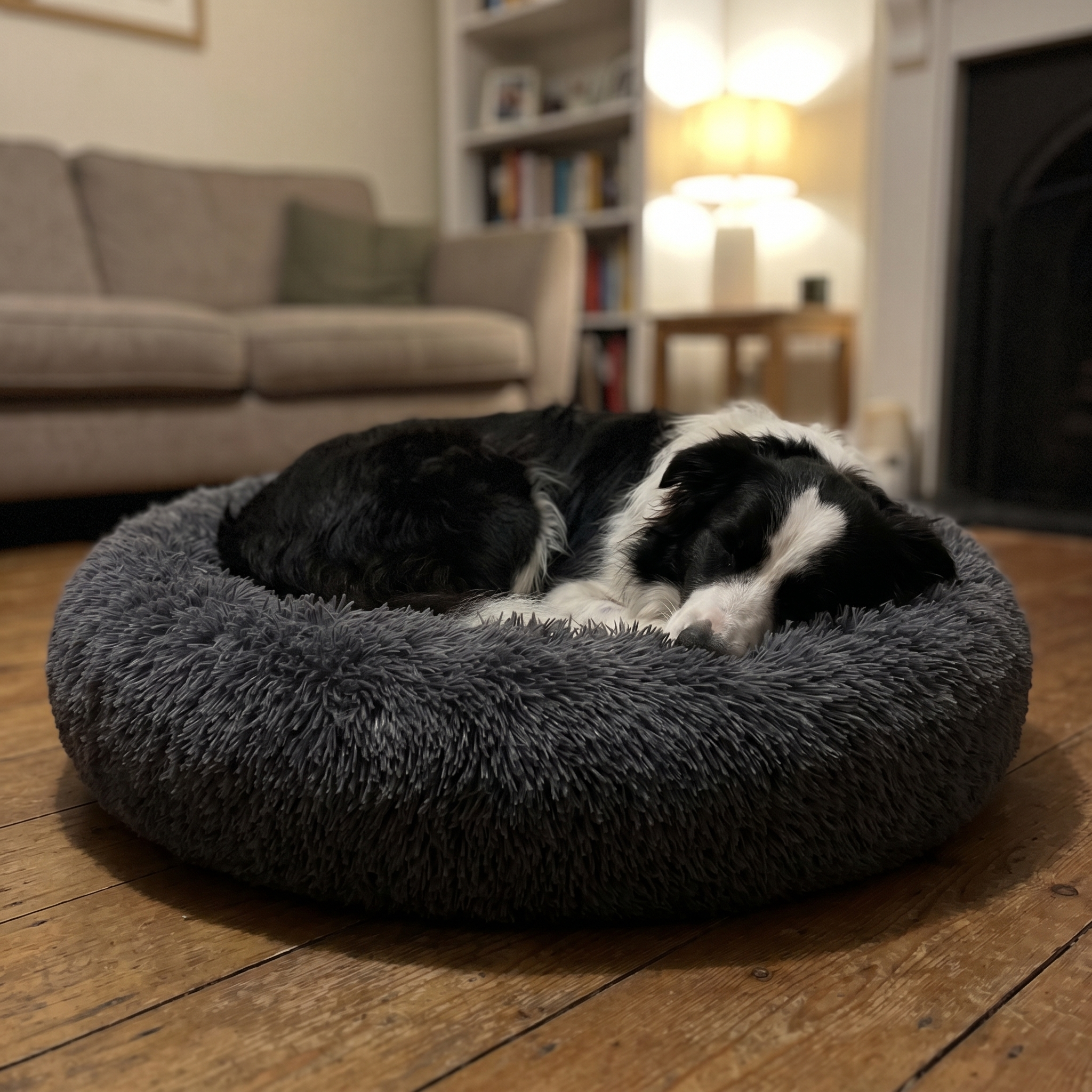 Border collie asleep in the calming bed in a cozy room