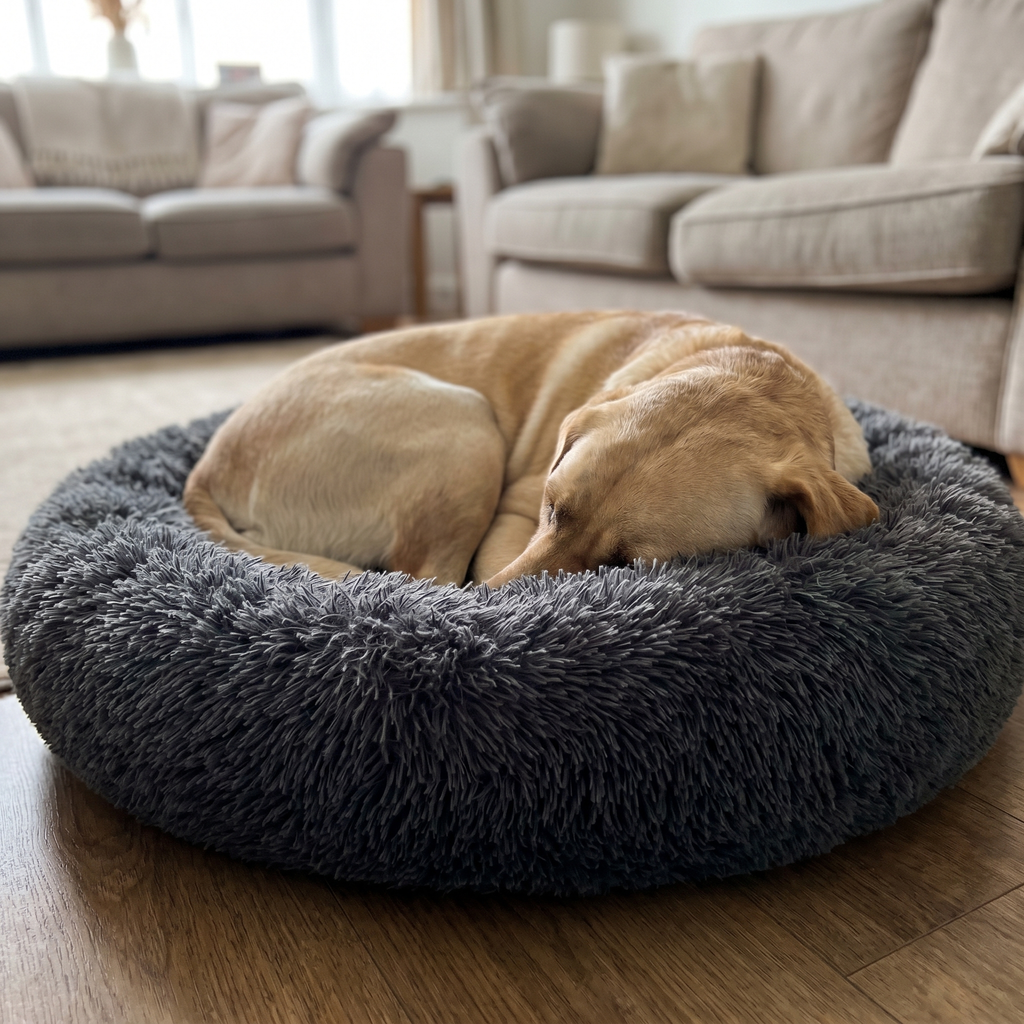 Labrador curled deeply asleep in the calming donut bed